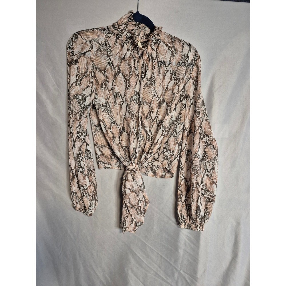 Altard State Snakeskin Print Tie Front Blouse Long Sleeve Top Women's
